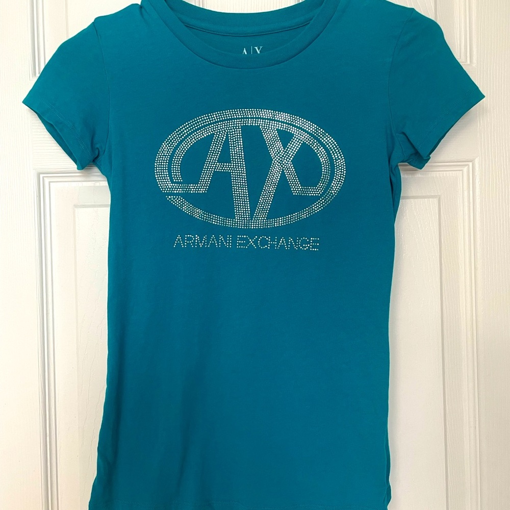 A/X Armani Exchange teal tee with rhinestone stud embellishment.Size XS.